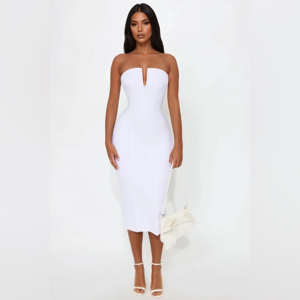 Fashion Nova White Strapless Tube Notch Neckline Bandage Midi Dress